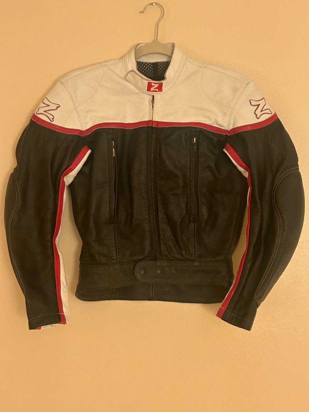 Z Black & White Leather Motorcycle Jacket with Red Accents